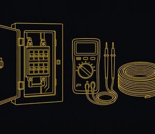 Line drawing of an open breaker panel, a multimeter, and a coil of wire