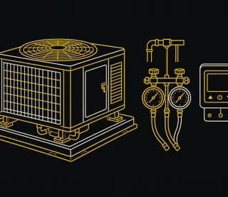 Line drawing of an HVAC condenser, refrigerant gauges, and a thermostat