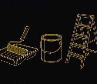 Line drawing of a paint roller and tray, a paint can, and a step ladder