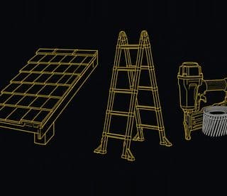 Line drawing of a shingle roof section, a ladder, and a coil roofing nailer